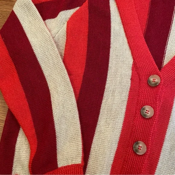 THE GREAT. Bold Striped V-Neck Cardigan in Red, Burgundy & Cream - Picture 3 of 7